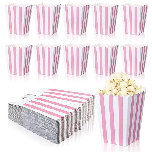 Geyoga 48 Pcs Pastel Pink Popcorn Boxes Small Large Pink and White Striped Paper Popcorn Bags Candy Containers for Birthday Party Favor Supplies(4 x 3 Inches, Small)