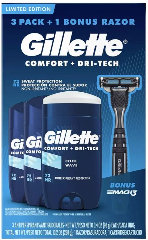 Gillette Invisible Solid Antiperspirant & Deodorant With Bonus Razor, Value Pack, 3 ct