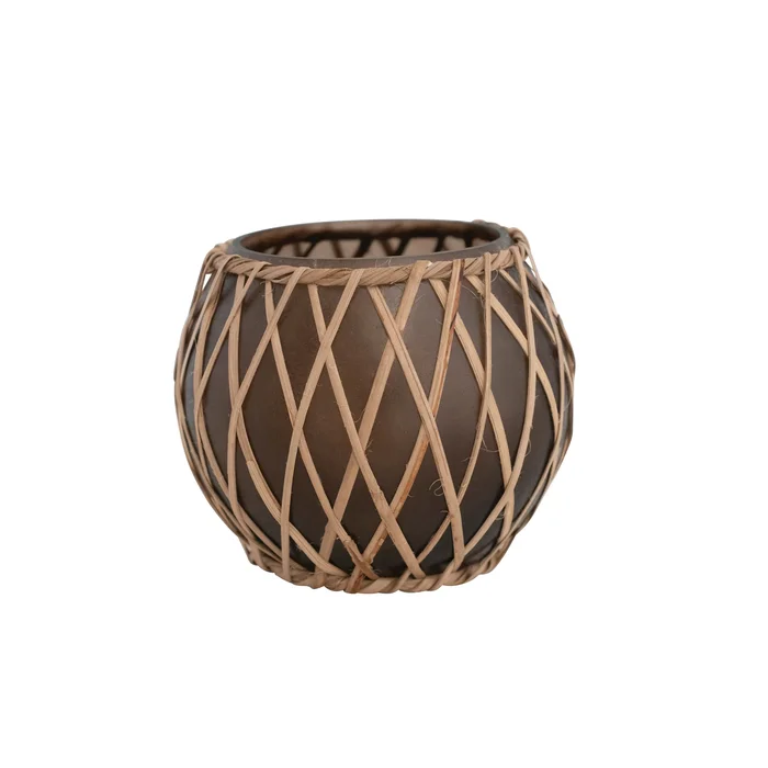 Glass Votive Holder with Woven Rattan Sleeve – 5.3″L x 5.3″W x 5.0″H