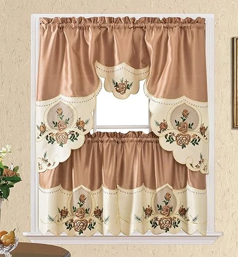 GOHD Rose Melody. 3pcs Kitchen Cafe Curtain Set. Swag and 24 inches Tiers Set for Small Windows. Nice Matching Color Rose Embroidery on Border and Inserted Organza. (Bronze)