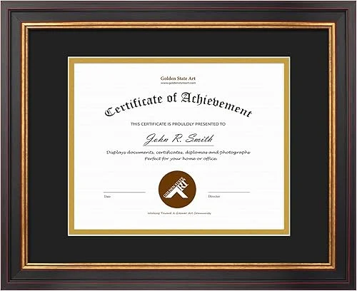 Golden State Art, 11×14 Black Gold & Burgundy Color Document Frame for 8×10 Diploma/Certificate/Picture, Includes Double Mat and Real Glass (Black Over Gold Double Mat, 1-Pack)