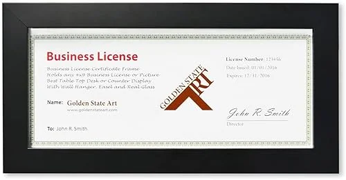 Golden State Art, Wood Frame for 4×9 Business License Certificate with Real Glass & Table-top Display, Black