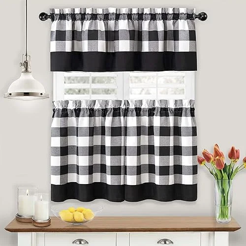 GoodGram Modern Country Farmhouse 3 Piece Buffalo Plaid Checkered Cafe Kitchen Curtain Tier & Valance Set – Assorted Colors & Sizes (Black, 24 in. L)