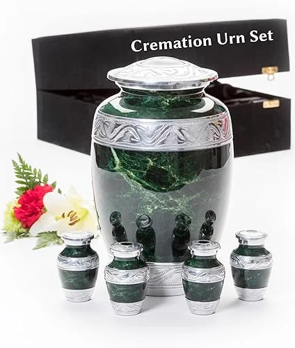 GR8 Green Marble Tribute Urn Set – Large Handcrafted Urn with 4 Mini Urns – Elegant Memorial with Velvet Display Case – A Lasting Resting Place for Loved Ones