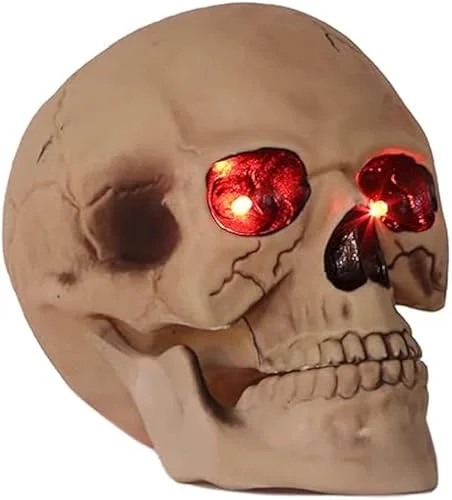 Halloween Skull Head Life Size Human Skull Sculpture with LED Light Up Glowing Eyes, Night Light Resin Skull Head Bone Prop Horror House Party Ornament for Bar Table Decor, Holiday or Birthday Gift