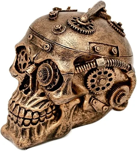 Halloween Steampunk Skull Home Decor – Sci-fi Human Head Skeleton Cranium Figurine Cyborg Protruding Gearwork Statue (Gold)