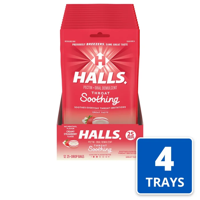Halls Breezers Creamy Strawberry Cough Drops-25 Count-12/Box-4/Case