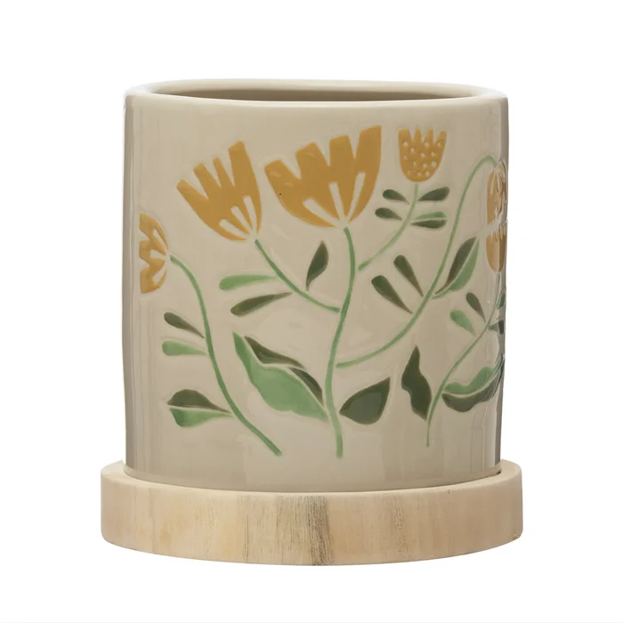 Hand-Painted Floral Stoneware Planter with Paulownia Wood Saucer – 6.5″L x 6.5″W x 7.8″H