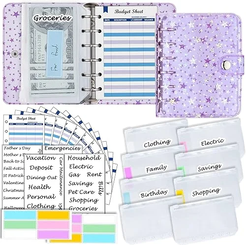 Harphia 143F-A7 Star PVC Soft Purple Mini Binder 5.39×4.33, 6-Ring with 8 Zipper Pockets, 12 Budget Sheets, 42 Cash Envelope Stickers, 12 Label Stickers