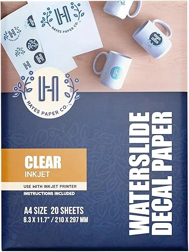 Hayes Paper, Waterslide Decal Paper for INKJET CLEAR 20 Sheets Premium Water-Slide Transfer Paper, A4 Size, 8.25 x 11.7 Inch