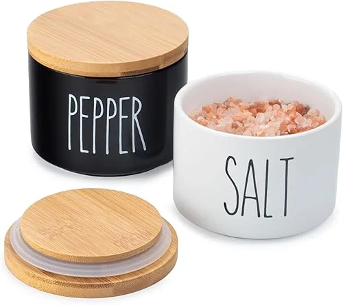 Heartland Home Ceramic Salt and Pepper Bowls. Dual Holder Salt Cellar with Lid. Black and White Stackable Salt Container Set. Salt Keeper, Pepper Bowl, 2 Airtight Wooden Lids. 9oz Salt Box Pinch Dish