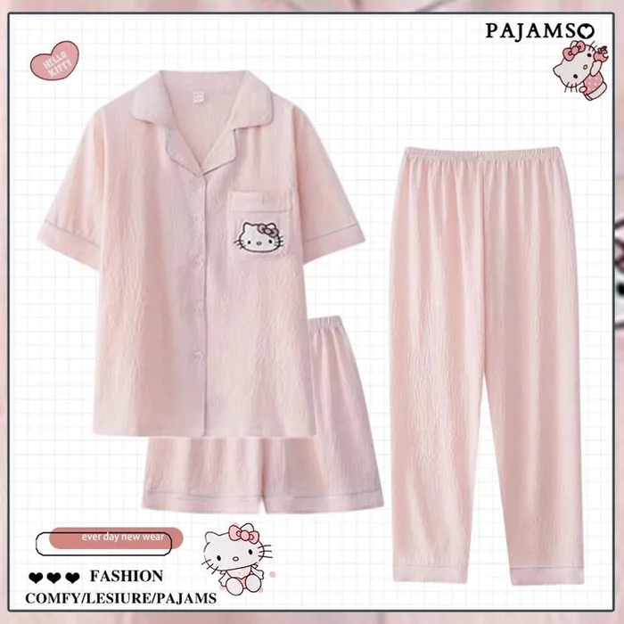 HelloKitty Pajamas Women's Summer Cotton Gauze Short SleeveSize M KT Cat FanThree-piece Set