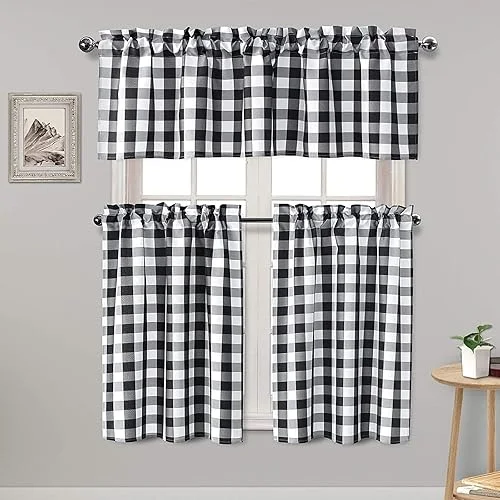 Hiasan 3 Piece Semi Sheer Kitchen Curtains – Light Filtering Buffalo Plaid Tier and Valance Window Curtains Set, Black and White, 52 W x 18 L (1 Panel) + 26 W x 36 L (2 Panels)