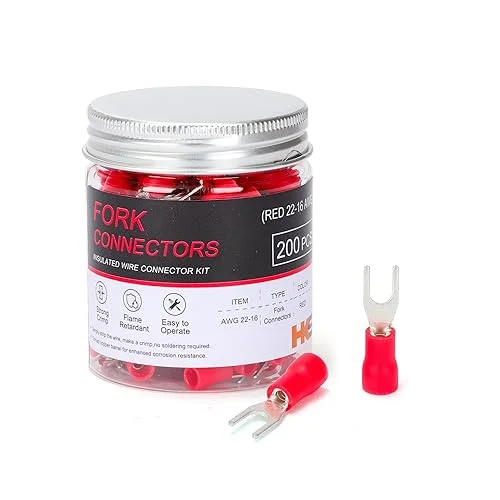 HKS 200PCS Insulated Fork Spade Wire Connectors – Red 22-16 AWG M5 Stud Size #6 – Tinned Red Copper – U-Type Electrical Crimp Terminals