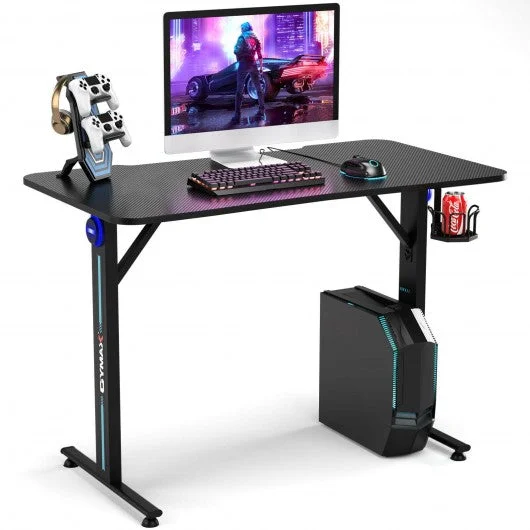 Home Office PC Computer Gaming Desk with LED Lignt and Gaming Handle Rack-Black