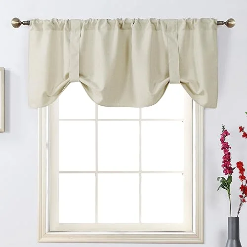 Home Queen Tie Up Shade Curtain Valance Window Treatment for Living Room, Adjustable Balloon Rod Pocket Drape Valance, Set of 1, 54 X 18 Inch, Nature