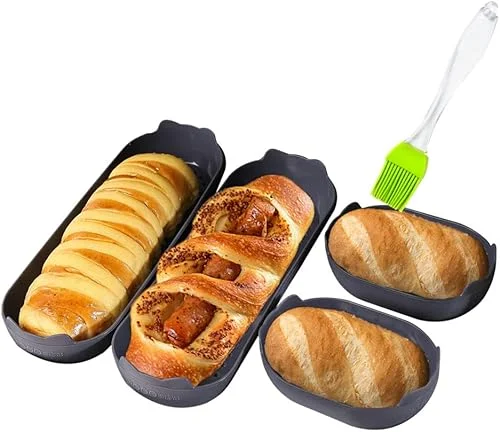 Hot Dog, Baguette Silicone Baking Moulds Set, Long French Loaf and Small Hamburger, Breadstick, Bread Rolls, Non-stick Perforated, 4 Pcs, plus Heat-Resistant Brush