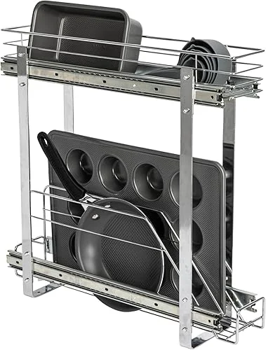 Household Essentials Glidez Multipurpose Chrome-Plated Steel Pull-Out/Slide-Out Storage Organizer for Cookware and Bakeware – 2-Tier Design – Fits Standard Size Cabinet or Shelf, Chrome