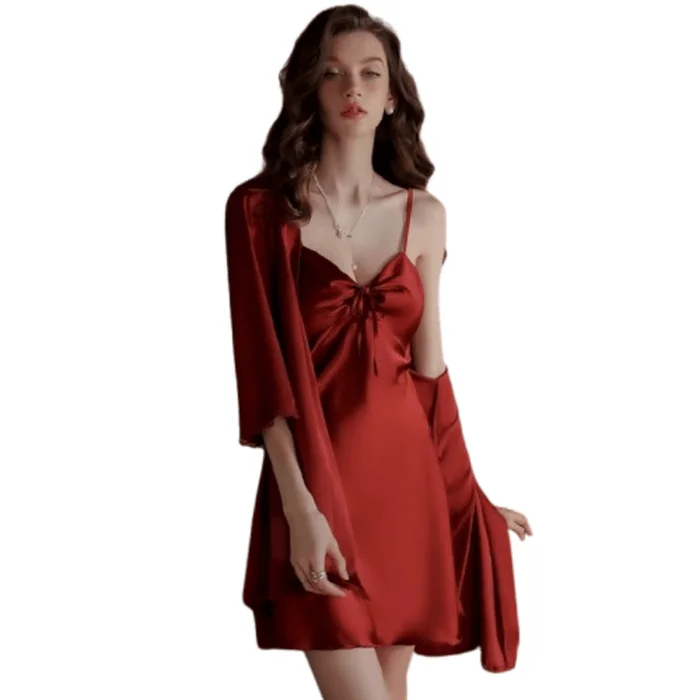 Ice Silk Sling Nightgown with Chest Pad Pure Desire Wind Lace Nightgown Date Red [Nightgown + Nightgown + Belt] 160 (M)