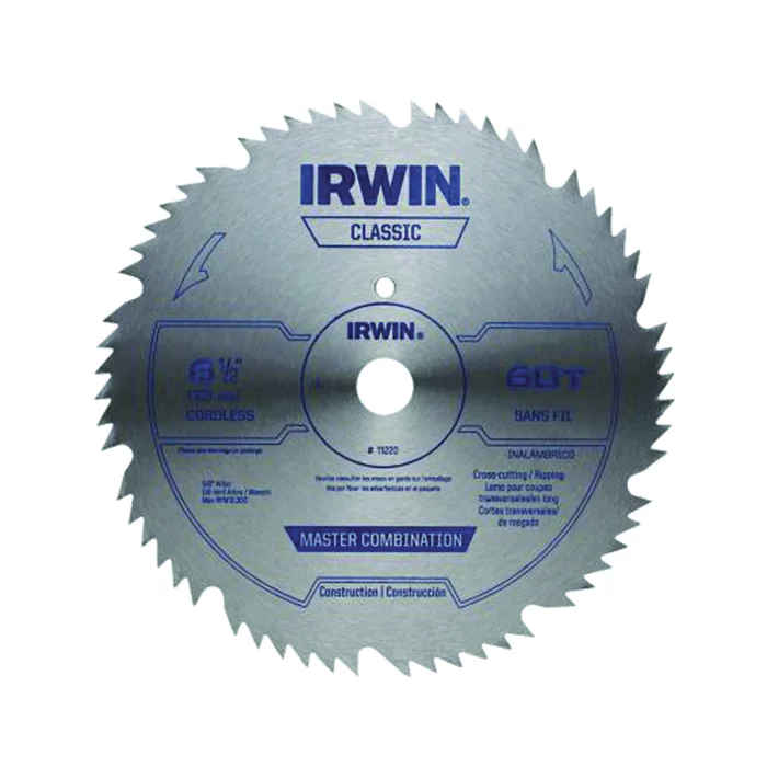 IRWIN 11220 Circular Saw Blade, 6-1/2 in Dia, 5/8 in Arbor, 60-Teeth, Steel Cutting Edge