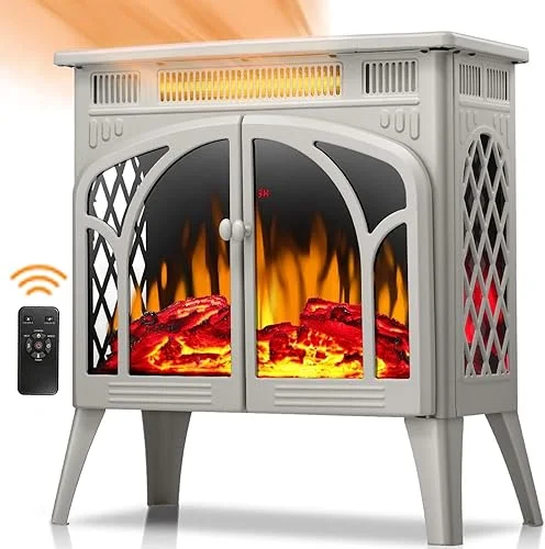 Joy Pebble Electric Fireplace Stove Heater,23'' Electric Fireplace, Fireplace Heater with 3D Logs and 4 Realistic Flame,1500w,Beige