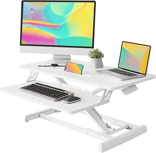 JOY worker Standing Desk Converter, 32′ Wide Height Adjustable Sit Stand Up Desk Riser with Keyboard Tray, Desktop Workstation Riser for Home Office Computer Laptop, Particle Board, White