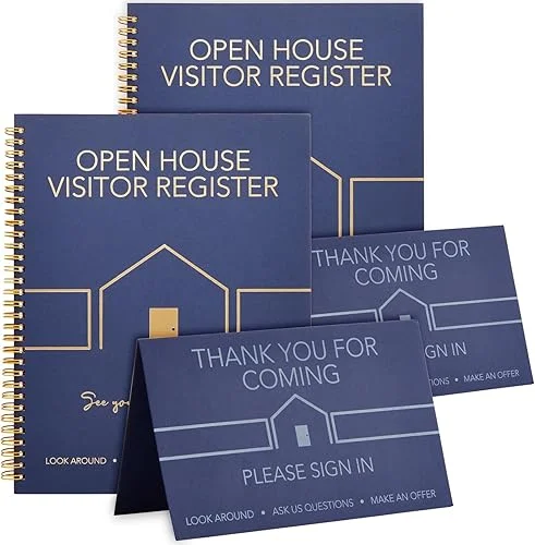 Juvale 2 Pack Sign in Book for Open House Visitors, Guest Registry with 2 Pack Realtor Tent Cards for Real Estate Agent Supplies, Home Sale Business (Navy Blue, 8.5×11)