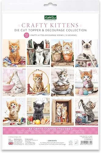 Katy Sue Crafty Kittens Die-Cut Card Topper & Decoupage Collection. 4 Sheets of Kitten & Cat-Themed Card Toppers & 4 Sheets of Die-Cut Decoupage for Card Making Supplies, Scrapbooking & Craft Supplies