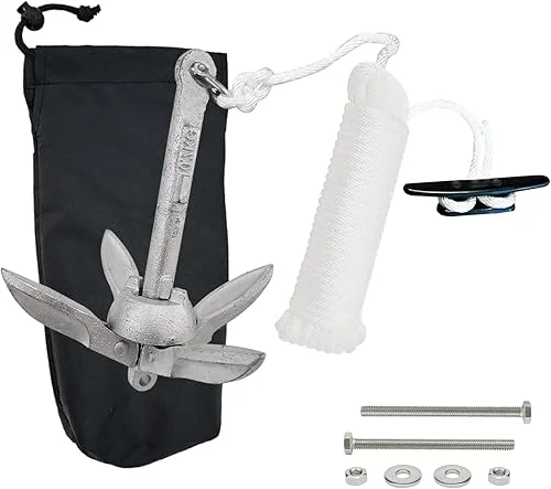 Kayak Anchor Kit, 1.5 lb Marine Folding Grapnel Anchor with Rope and Storage Bag/4 inch Cleat, Accessories for Small Boats, Canoes, silver