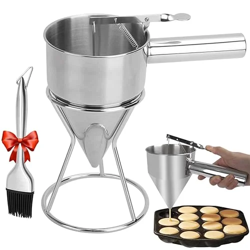KAYCROWN Pancake Batter Dispenser, 1200ml Stainless Steel Funnel Cake Dispenser with Stand and Basting Brush, Great for Cupcakes, Waffles, takoyaki or Any Baked Goods, Batter Funnel Dispenser