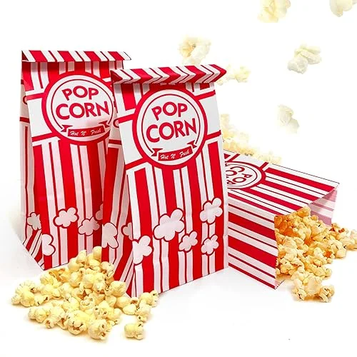 Keriqi Flat Bottom Popcorn Bags, 100 Pcs Paper Popcorn Bags for Family Movie Night Baseball Themed Carnival Christmas Birthday Party