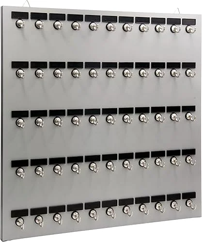 Key Rack, Key Holder # 55MGN, Extra Space 55 Bolted Metal Hooks with 'Customize Nameplate', (60 Sets of Tag & Ring Included) – Made in USA, Gray
