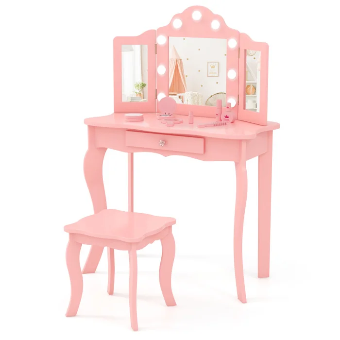 Kid Vanity Table Stool Set with Tri-Folding Mirror and 3-Color LED Lights