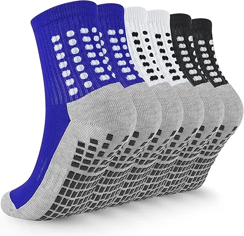 Kids Grip Soccer Socks Boys Football Non Slip Socks Cushioned Athletic Crew Sock Running Sports 10-12 Years Kids Youth 6 Pairs (2Black+2White+2Blue, L)