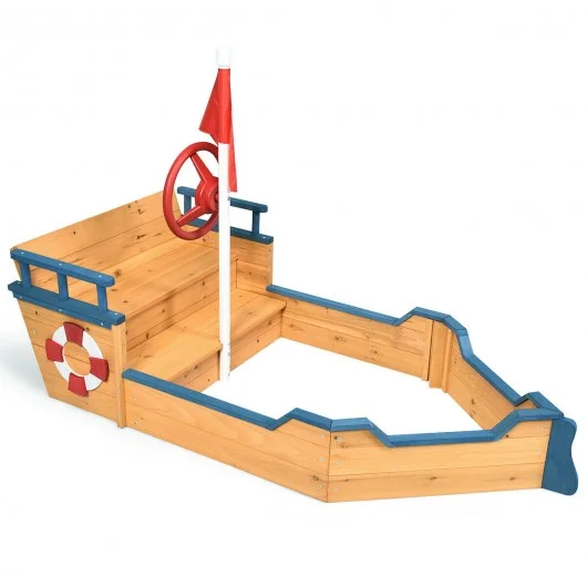 Kids Pirate Boat Wood Sandbox