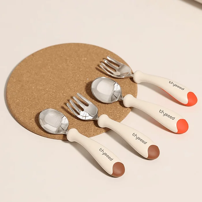 Kids Spoon Fork Set Baby Tableware Brown Orange