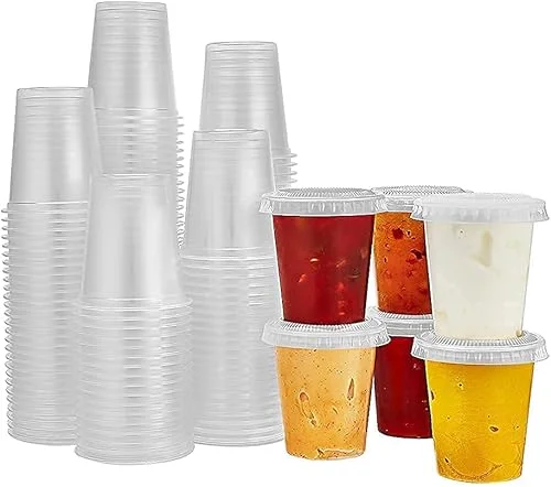 KingZak 150 Sets – 1.5oz, Disposable Mini Plastic Jello Shot Cups With Lids Perfect For Portion Souffle, Condiment, Dipping Sauce, Salad Dressing And More