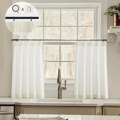 Kitchen Curtains for Linen,Cream Cafe Curtains 24 inch Length,Pinch Pleat Modern Farmhouse Curtain for Small Window,Sets of 2 Piece