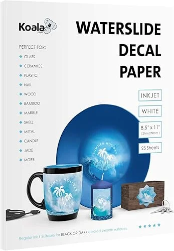 Koala 25 Sheets Waterslide Decal Paper for Inkjet Printer – WHITE 8.5×11 Inch Water Slide Transfer Paper for DIY Tumblers, Mugs, Glass, Ceramics
