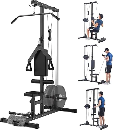 LAT Pulldown Machine, LAT Cable Machine with High and Low Pulley Station, Row Cable Machine Home Gym with Leg Support, Tricep Workout Equipment