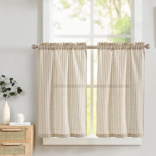 Lazzzy Kitchen Curtains Linen Striped Curtains Tier Curatins Cafe Curtains Bathroom Kitchen Farmhouse Curtains 24 Inch Length Rod Pocket Window Treatment Tiers 2 Panels Set Taupe on Beige