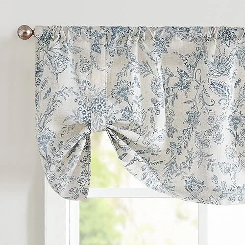 Lazzzy Kitchen Tie Up Valance Curtain Linen Floral Farmhouse Valance for Living Room Bathroom Bedroom Country Valances Window Treatments Small Cafe Curtian 20 Inch Rod Pocket 1 Panel Blue on Beige