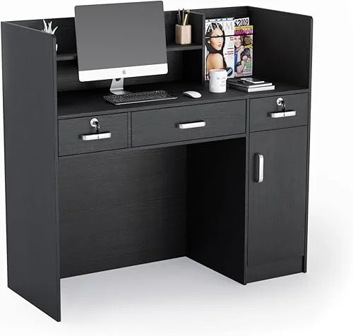 LEADZM H-Shaped Reception Desk with Counter, Front Desk with Lockable Drawers & Adjustable Shelf, Retail Checkout Counter for Beauty Salon Office (Black)