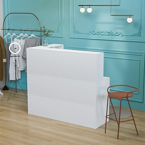 LEADZM Reception Desk, L Shaped Standing Front Desk Reception with Counter, Lockable Drawers & Adjustable Shelf for Salon Office, White(55.9” W x 18.9” D x 48” H), LZRD001