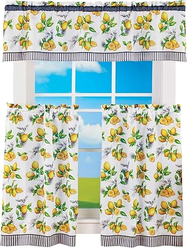 Light Filtering Window Curtain, Printed Tier & Valance Set – 58 Inch Length, 36 Inch Width – Lemon Drop (Yellow), Machine Washable Drape for Kitchen, Bedroom, Living, & Dining Room by Achim Home Decor
