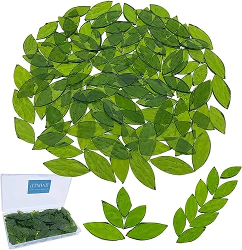 LITMIND 120 Pieces Olive Green Textured Transparent Mosaic Glass Petals & Leaves in 2 Sizes, Hand-Cut Stained Glass Mosaic Tiles for Crafts – Ideal for Mosaic Art Projects and Home Décor