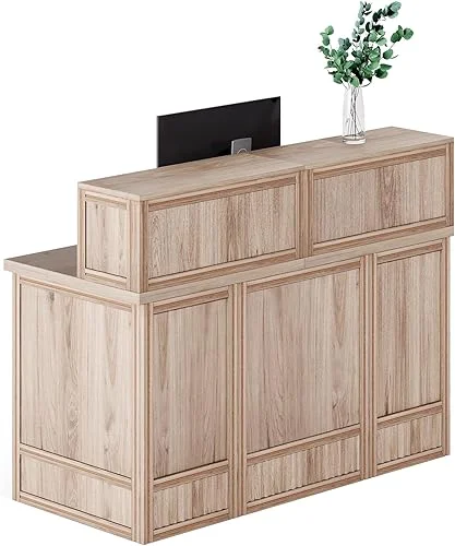 LITTLE TREE 57-Inch Reception Counter, Boho Style Front Desk, Modern Checkout Counter, Reception Desk for Retail, Lobby, Salon, Office, Oak