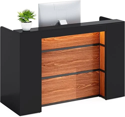 LITTLE TREE 63 Inches Reception Desk, Modern Reception Table with LED Light, Front Counter Desk, Wooden Checkout Counter for Lobbies, Salons, Retail, Home Offices, Reception Room, Black & Brown