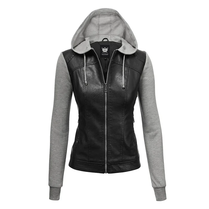 Lock & Love Faux Leather Full-Zip Hoodie Sweatshirt Jacket