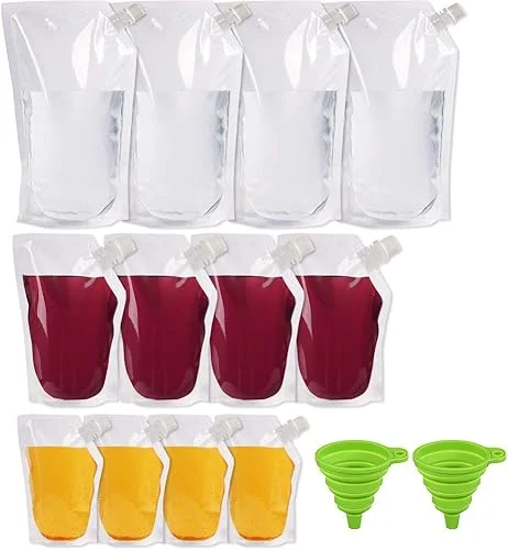 LotFancy Reusable Leak-Proof Beverage Bags (8/16/32oz) – 12pc Collapsible Flask Kit with 2 Funnels, BPA Free & Odor Resistant – Travel, Camping, Cruise Essentials